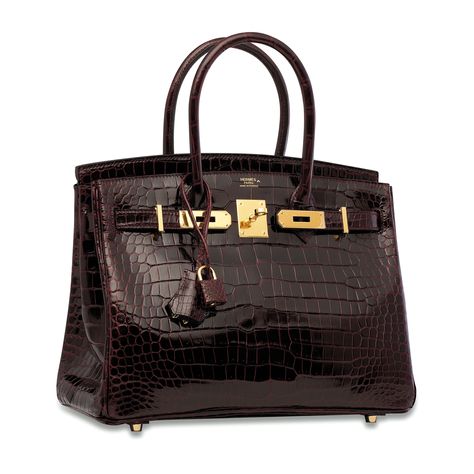 A SHINY BORDEAUX POROSUS CROCODILE BIRKIN 30 WITH GOLD HARDWARE | HERMÈS, 2016 | 21st Century, bags | Christie's Birkin Bag Vintage, Kelly Birkin Bag, Brown Birkin Bag, Birkin Bag Aesthetic, Brown Birkin, Hermes Birkin Gold, Crocodile Birkin Bag, Birkin Crocodile, Birkin 30 Gold