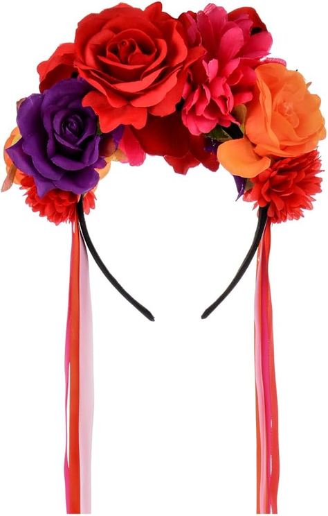 Amazon.com : Floral Fall Women Day of the Dead Flower Crown Festival Headband Rose Mexican Floral Headpiece HC-23 (Red Purple) : Beauty & Personal Care Floral Crown Veil, Day Of The Dead Headpiece, Halloween Costumes Party City, Chic Halloween Costume, Sugar Skull Costume, Festival Headpiece, Festival Headband, Mexican Flowers, Flower Crown Headband