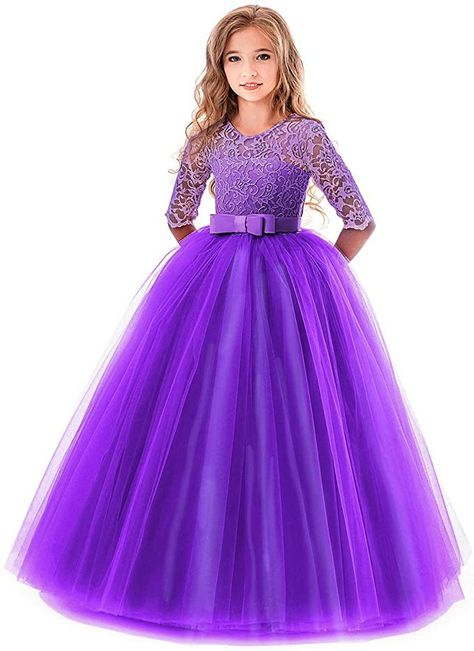 Flower Girl Lace Bridesmaid Dress 3/4 Sleeves Pageant Ball Gowns Princess Puffy Tulle Wedding Party Dresses Lace Dress For Kids, Girls Ball Gown, Formal Ball Gown, Girls Lace Dress, Ball Gowns Princess, Kids Party Dresses, Kids Gown, Prom Ball Gown, Flower Girl Dress Lace