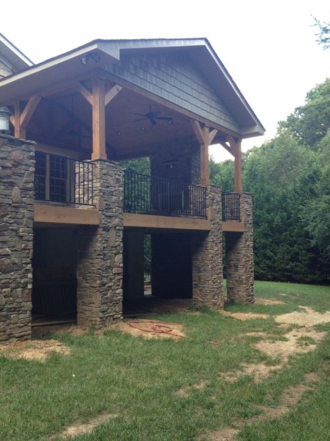 Deck With Stone Pillars, Deck Post Ideas, Stone Pillars Porch, Deck Columns, Patio Columns, Lake House Deck, Porch Rails, Porch Pillars, Brick Pillars