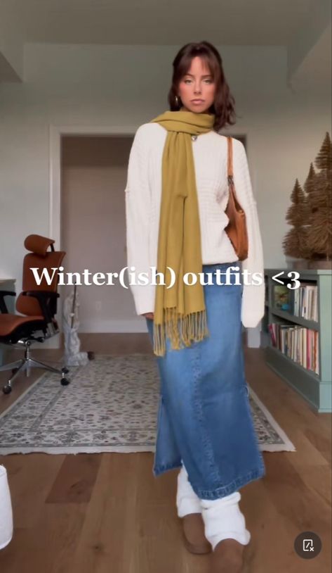 Denim Maxi Skirt Outfit Autumn, Cream Maxi Skirt Outfit Fall, Long Jean Skirt Winter Outfit, Outfits With Denim Maxi Skirt, Long Jean Skirt With Sweater, Fall Denim Maxi Skirt Outfits, Denim Maxi Skirt Autumn, Denim Maxi Skirt Fall, Styling Long Denim Skirt Winter