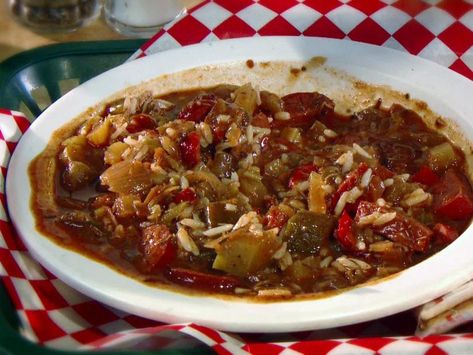 Earl Campbell's Hot Link Gumbo Recipe | Food Network Hot Links Recipes, Gumbo File, Hot Link, Earl Campbell, Campbells Recipes, Home Burger, Louisiana Hot Sauce, Chicken Base, Gumbo Recipe