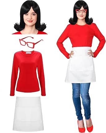 Office Halloween Costumes, Halloween Costume For Women, Cat Eyeglasses, Halloween Party Gifts, Red Costume, Costume For Women, Red Long Sleeve Shirt, Red Glasses, Black Costume