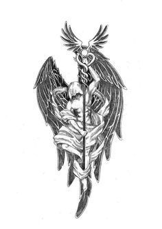 Archangel Raphael - Gabe would have this tattoo on his left shoulder blade. Rafi would have a mirror image on his right shoulder, identical to Gabe's tattoo, but a long trumpet instead of a staff, representing the Archangel Gabriel. (Ironic that the Deafie who doesn't speak has the trumpet.) When they stand together, shoulder to shoulder, the two angels face each other. Angel Raphael Tattoo, Archangel Raphael Tattoo, Raphael Tattoo, Medical Tattoo Nurse, Angel Raphael, Angel Warrior Tattoo, Malaikat Jibril, Archangel Michael Tattoo, St Michael Tattoo