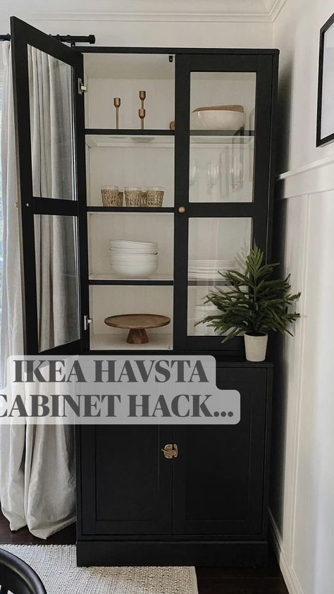 Ikea China Cabinet, Ikea Havsta Cabinet, Ikea Glass Cabinet, Havsta Cabinet, Ikea Havsta, Black Display Cabinet, Cabinet Hack, Ikea Dining Room, Billy Ikea