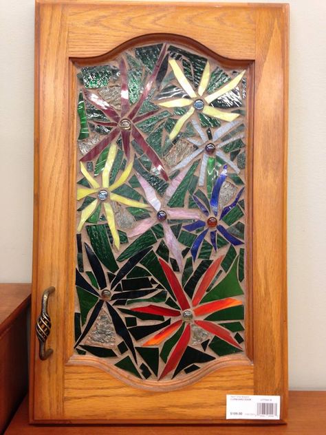 What a great way to reuse an old cupboard door by either placing a stain glass or a mosaic in the panel area Meadow House, Old Cupboard, Glass Cupboard, Stained Glass Door, Stained Glass Birds, Cupboard Doors, Stain Glass, Glass Birds, Spice Rack