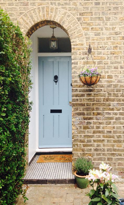 Front door- gentle blue/duck egg. Victorian house with hanging basket. Brick House Front Door Colors, Terrace House Exterior, Victorian Front Doors, Cottage Front Doors, Front Door Inspiration, Front Door Lighting, Blue Painted Furniture, Victorian Terraced House, Front Door Styles