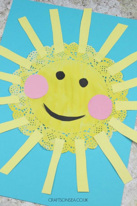 Doily Sun Craft for Kids Summer Crafts For Toddlers, June Crafts, Sun Crafts, Weather Crafts, Spring Crafts For Kids, Summer Crafts For Kids, Senior Gifts, Kids' Crafts, Crafts For Kids To Make