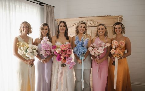 Pastel Color Palette Wedding Bridesmaid Dresses, Different Pastel Bridesmaid Dresses, Multi Colored Bridesmaid Dresses, Pastel Color Palette Wedding, Rainbow Bridesmaid Dresses, Pastel Bridal Party, Rainbow Bridesmaids, 2026 Wedding, Matching Bridesmaids Dresses