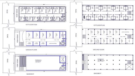 AutoCAD drawing of the shop with hotel floor plan design that shows basement parking plan, ground floor shop. hotel and guest room with measurement dimension detail. download shop with hotel plan design DWG file. Basement And Ground Floor Plan, Hotel Plan Design, Basement Parking Plan, Hotel Ground Floor Plan, Boutique Floor Plan, Hotel Basement, Dorm Planning, Parking Plan, Hotel Room Plan