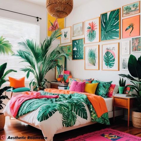 Tropical Aesthetic Room Decor 🏝️🦜🍍🌺🍹 #tropicalroom #tropicalroomdecor #aestheticroom #aestheticrooms #aestgeticroomdecor #roomdecor #bedroomdecor #bedroominspo Tropical Aesthetic Room, Tropical Bedroom Ideas, Hawaiian Interior Design, Room Decor Tropical, Boho Girls Bedroom, Tropical Decor Living Room, Tropical Room Decor, Tropical Bedroom Decor, Tropical Bedroom