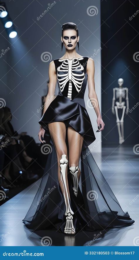 AI generated - A striking model in a black satin dress with bone-like structures, highlighted by cool-toned spotlights on a minimalistic dark runway Mid Century Modern Halloween, Halloween Female, Halloween Logo, Halloween Party Flyer, Dress Illustration, Modern Halloween, Black Satin Dress, Black Halloween, Halloween Fashion