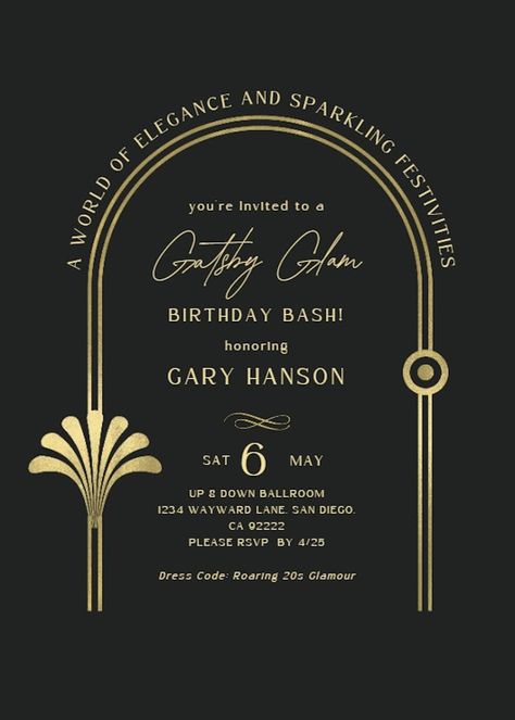 20s Party Invitation, Gatsby Birthday Invitation, Gatsby Party Invitations, Great Gatsby Invitation, Glam Invitation, Gatsby Glam, Gatsby Wedding Invitations, Gatsby Birthday Party, Milestone Birthday Invitations