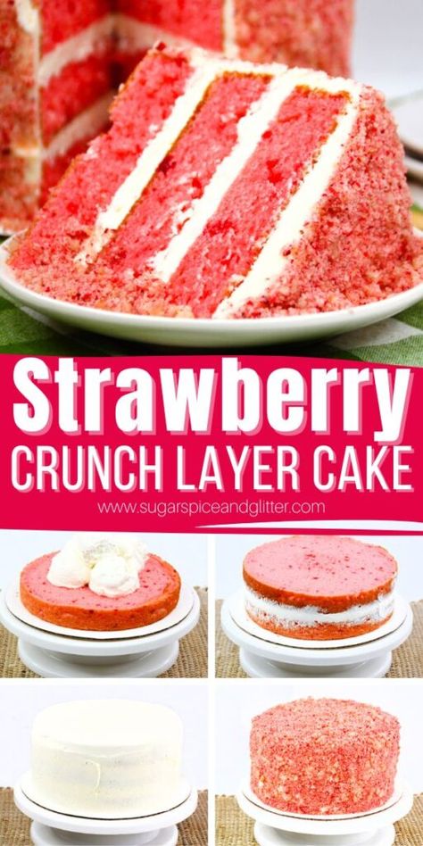 Strawberry Crunch Cake is a decadent Strawberry Layer Cake inspired by the nostalgic flavors of a Good Humour Strawberry Crunch Bar with it's crunchy crumb coating, vanilla frosting and fluffy strawberry cake layers. Strawberry Crunch Layer Cake, Homemade Strawberry Crunch Cake, Strawberry Lemon Crunch Cake, Layered Strawberry Cake, Strawberry Layer Cake Recipe, Berrylicious Strawberry Crunch Cake, Strawberry Crunch Shortcake, Strawberry Crunch Ice Cream Cake, Strawberry Crunch Pound Cake