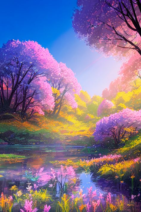 A charming and colorful swamp surrounded by stunning flora, where vibrant colors and tranquility create a captivating scene of natural beauty. Fantasy Flower Landscape, Colorful Animal Paintings, Wallpaper Iphone Neon, Pretty Landscapes, Flower Landscape, Beautiful Nature Wallpaper, Fantasy Aesthetic, Fantasy Art Landscapes, Pretty Wallpapers Backgrounds