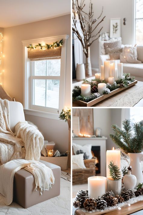 Simple Winter Decor Living Room, Boho Winter Decor Living Rooms, January Fireplace Decor, Winter Decorations After Christmas, Winter Living Room Decor Cozy, Winter Home Decor January, Winter Wonderland Living Room, Boho Winter Decor, Winter Decor Living Room