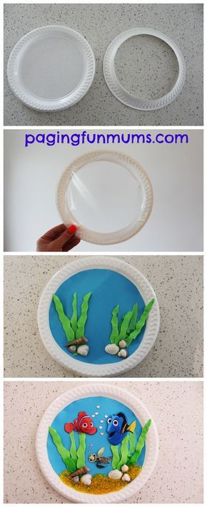 Finding Nemo Inspired Paper Plate Porthole craft wo paper plates Green tissue paper Shells DIY Glitter or Sand Finding Dory images printed on cardstock Blue Cardstock or paper Sequins or diamante stickers (for the bubbles) Silver pen Plastic (I used an A4 plastic binder sheet) Sticky Tape, glue Finding Nemo Crafts For Kids, Aquarium Craft, Green Tissue Paper, Paper Plate Crafts For Kids, Skirt Diy, Sea Crafts, Fish Crafts, Ocean Crafts, Paper Plate Crafts