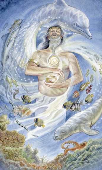 King of Cups - Well now we know what King Triton's O Face looks like. I hope you are all happy. Divine Tarot, King Of Cups, Tarot Deck, Tarot Card, Jesus, Water, Animals