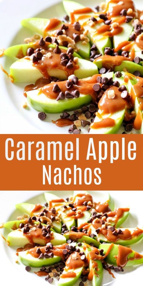 This Caramel Apple Nachos Recipe Is A Quick & Easy Dessert Recipe everyone will love!  Slice Green Apples,  Drizzle In Caramel And Top With Chocolate Chips And Toffee Bits – It Tastes Just Like A Caramel Apple, But Much Easier to Make In NO Time! Caramel Apple Nachos, Apple Nachos Recipe, Dessert Nachos, Apple Nachos, Caramel Apples Easy, Dessert Oreo, Easy Dessert Recipes Quick, Tiramisu Dessert, Easy Dessert Recipe