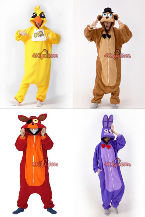 Ready to rock the pizzeria look? Our FNAF onesie collection brings Freddy, Bonnie, Chica, and Foxy to life! Perfect for Halloween, cons, or midnight gaming sessions. Comfy enough for all-night pizza parties, scary enough to make your friends jump. Warning: May cause sudden cravings for pepperoni and unexpected urges to sing animatronic tunes. Don't blame us if you start checking the security cameras at 3 AM!#FNAF #Bonnie #FreddyFazbear #ChicaTheChicken #Foxy #CostumeOnesie #HappyCostumes Fnaf Group Costume, Fnaf Onesie, Freddy Fazbear Outfit, Fnaf Clothes Outfits, Bonnie Halloween Costume, Bonnie Fnaf Cosplay, Chica Fnaf Cosplay, Fnaf Halloween Costumes, Freddy Fazbear Cosplay