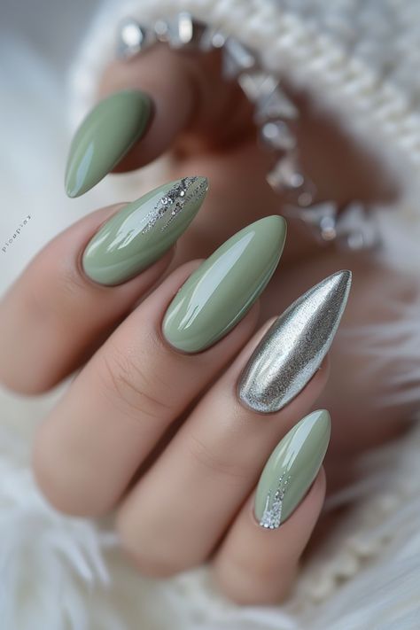 Glam Up With 19 Trendy Sage Green & Silver Nail Ideas Green And Silver Nails Acrylic, Green And Silver Nail Designs, Silver Green Nails, Green Silver Nails, Sage Green Nail Polish, Green And Silver Nails, Sage Green Nail Designs, Sage Green Nail Ideas, Silver Nail Ideas