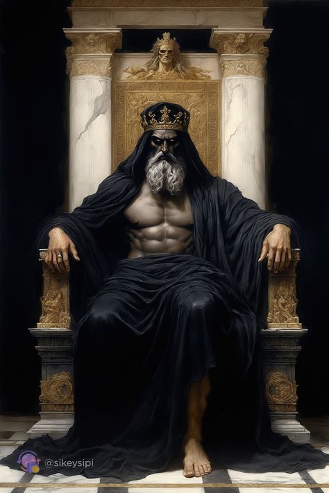 Sitting on the throne surrounded by skulls and reliefs, Hades bridges the worlds of the living and the underworld. His black robes symbolize the border between light and darkness, while his stern gaze signifies control over souls. This image was generated using Stable Diffusion. #KingdomOfHades #WorldOfTheDead #LightAndDarkness God On The Throne, King Sitting On Throne Pose, Hades Throne, Persephone Halloween, Throne Pose, Brad Pitt Shirtless, Hades Underworld, Sitting On Throne, Greek Underworld