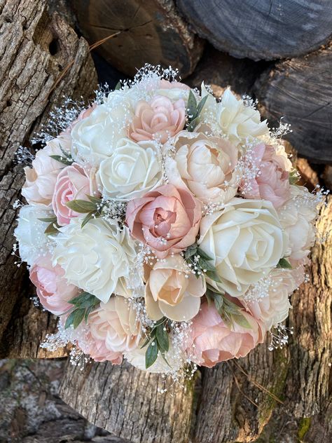 "Please read the entire description before purchasing, with regards to sizing. Reminiscent of soft, happy shades, this lovely bouquet is sure to complement any beautiful Bride. The colors used are a combination of dusty pink, blush, peach, ivory, and tan. A few stems of faux greenery enhance the look of freshly picked flowers.  The bouquet comes in different sizes. Please select your preferred size in the dropdown menu. The bouquet in the photos is a large size bouquet, measuring about 10\" in d Baby Pink Wedding, Dusty Pink Weddings, Pink And White Weddings, Light Pink Wedding, Eucalyptus Bouquet, Wedding Flower Packages, Pink Wedding Theme, Wedding Bouquets Bride, Wedding Bouquets Pink