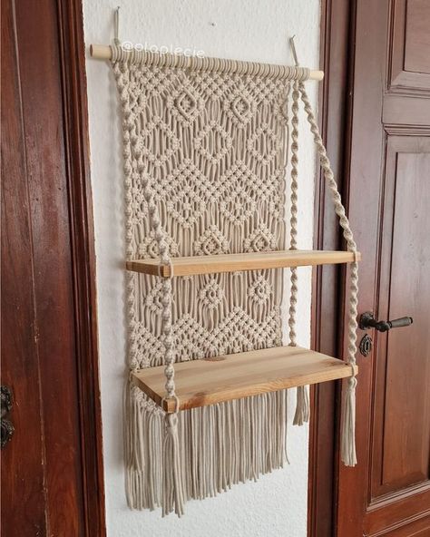 Macrame Patterns | Free Macrame Tutorials | Tips | Inspiration | Made this macrame shelf today and I absolutely love it | Facebook Macrame Patterns Free, Handmade Shelf, Macrame Shelf, Macrame Tutorials, Bohemian Furniture, Boho Furniture, Instagram Time, Macrame Wall Art, Macrame Tutorial