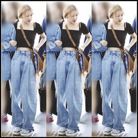 Light Blue Wide Leg Pants, Blue Wide Leg Pants, High Waisted Jeans Outfit, Ootd Korean Style, Wide Leg Pants Jeans, Wide Leg Jeans Outfit, Blue Jean Outfits, Casual Day Outfits, Kpop Fashion Outfits