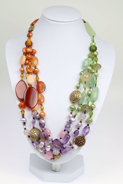 Amethyst Beaded Necklace, Bead Necklace Ideas, Amethyst Jewelry Necklace, Prehnite Jewelry, Statement Jewelry Necklace, Extraordinary Jewelry, Multi Strand Beaded Necklace, Carnelian Necklace, Long Beaded Necklace