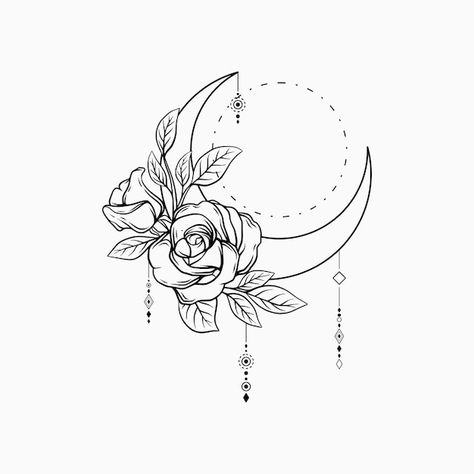 Crescent Moon Rose Tattoo, Moon Flower Illustration, Flower Crescent Moon Tattoo, Cresent Moon Tattoos For Women, Crescent Moon Tattoo With Flowers, Floral Moon Tattoo Designs, Moon With Roses Tattoo, Moon Tattoo Designs For Women Small, Crescent Moon Tattoo With Stars