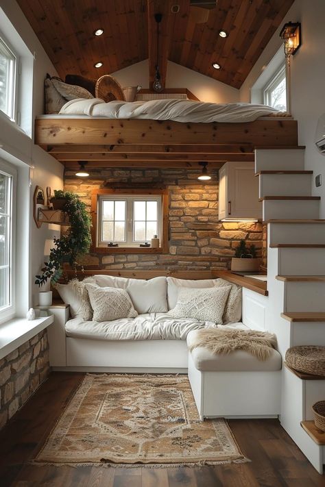 Tiny House Inside Ideas, Cabin Loft Ideas, Tiny Home Living Room, Tiny Home Interior, Tiny Cabins Interiors, Mini Chalet, Cottage Tiny House, Tiny House Loft, Tiny House Layout