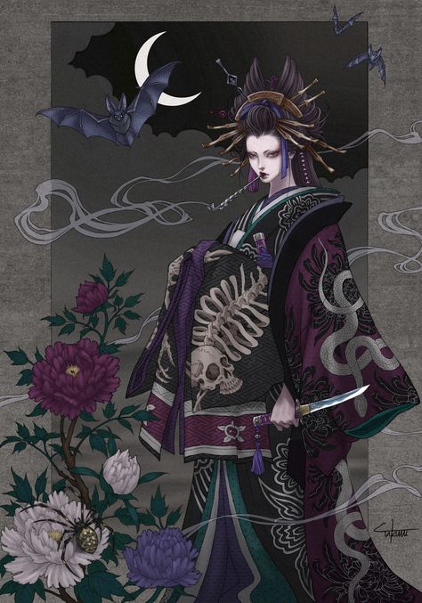 Raiden Shogun Kimono, Japanese Sorcerer, Female Samurai Character Art, Yokai Oc, Japanese Vampire, Japanese Oc, Japanese Witch, Japanese Geisha Art, Geisha Drawing