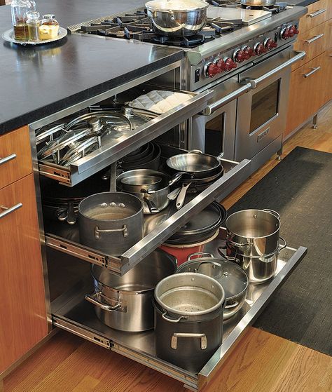 Design, organization, and material ideas from three professionals Awesome Kitchens Dream Homes, Commercial Pantry Design, Commercial Kitchen At Home, Commercial Kitchen In Home, Home Chef Kitchen Design, Kucht Appliances, Chefs Home Kitchen, Commercial Kitchen Design For Home, Coolest Kitchens