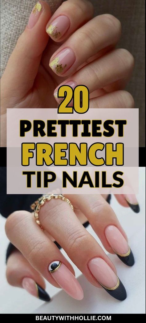 Prettiest French Tip Nails French Manicure With Ring Finger Design, Long Nail French Tip Designs, Elegant Black And Gold Nails, Short French Nails With Glitter, Elegant French Tip Nails Classy, Gold Black Nails Design, Gold And Black French Tip Nails, French Tip Nails Bow, Champagne French Tip Nails