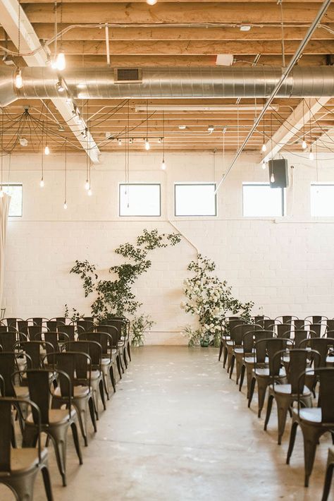 All Black Wedding With Greenery, Modern Natural Wedding, Wedding Brick Wall, Black And White Ceremony Backdrop, Industrial Wedding Ceremony Decor, Black White And Greenery Wedding, Industrial Chic Wedding Ceremony, Modern Industrial Wedding Decor Ceremony Backdrop, Modern Industrial Wedding Ceremony