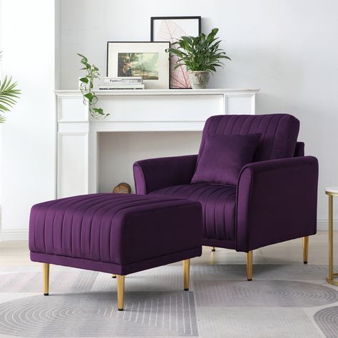 Descriptions: Fall into comfort with this Modern Velvet Arm Chair & Footstool Set offering more than eight customizable combinations and a selection of six elegant colors. Purple Recliner Chair, Purple Chair Living Room, Purple Furniture Living Room, Purple Chairs, Accent Chair With Ottoman, Modern Tub, Purple Chair, Armchair With Ottoman, Drawings Tutorials