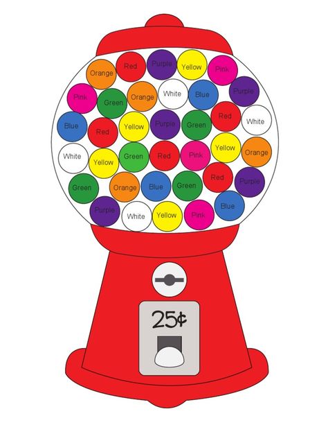 Printable Gumball Machine for color matching with craft poms or paint dab markers. This worksheet has words and colors displayed for those who are working on early reading skills. Great for word recognition and color matching. Bubble Gum Machine, Pencil Crafts, School Fundraisers, Simple Machines, Gumball Machine, Templates Printable Free, Red Purple, Orange And Purple, Green And Orange