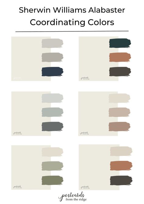 Sherwin Williams Alabaster SW7008 Coloration Palettes and Assessment- #Alabaster #Color #Palettes #Review #Sherwin #SW7008 #Williams Check more at https://howcandothis.com/homedecoration/sherwin-williams-alabaster-sw7008-coloration-palettes-and-assessment/ Alabaster Sherwin Williams Trim Color, What Colors Go With Alabaster Sherwin Williams, Interior Color Schemes Sherwin Williams, Boho Farmhouse Paint Colors Sherwin Williams, Sherwin Williams Paint Colors Alabaster, Sherwin Williams Alabaster Palette, Sw Alabaster Color Scheme, What Color Goes With Alabaster, Paint Colors With Alabaster