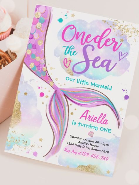 Mermaid 1st Birthday Party ONEder The Sea Mermaid Invitation! #birthday #happybirthday #birthdaycards #sea #firstbirthday #summer #ocean #mermaid #turningone Mermaid 1st Birthday Party, Mermaid Pool Party, Mermaid 1st Birthday, Oneder The Sea, Summer Birthday Invitations, Mermaid Pool Parties, Birthday Under The Sea, Whimsical Mermaid, Mermaid Summer