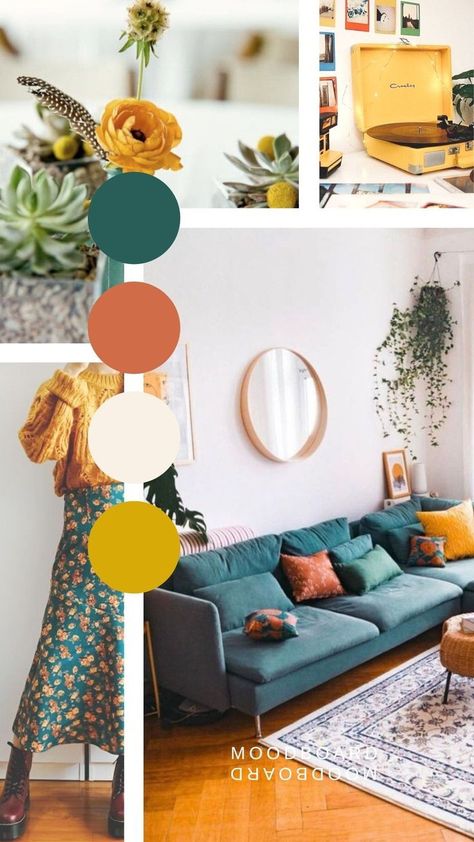 Modern And Colorful Decoration Ideas 2023 | Home Decor Designs Teal And Mustard Decor, Teal Mustard Living Room, Teal Peach Yellow Color Scheme, Teal Yellow Green Color Palette, Turquoise Orange Living Room, Teal Mustard Orange Living Room, Teal Orange Yellow Living Room, Fun Wallpaper Living Room, Mustard And Teal Color Palette