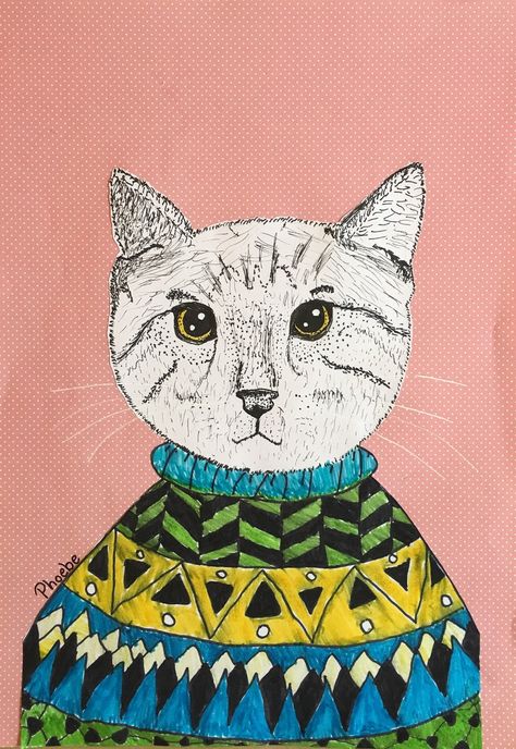 Cat In Sweater Drawing, Animals In Sweaters, Cats In Sweaters, Line Animals, Winter Hygge, Craft Workshop, 5th Grade Art, Geometric Sweater, Art Teaching