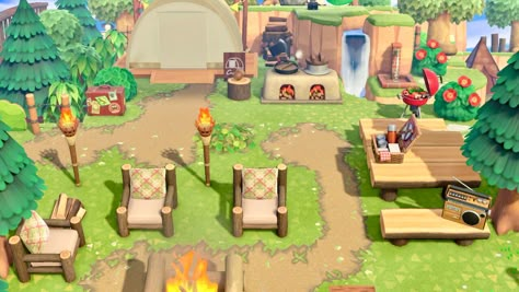 Animal Crossing Camp Site Ideas, Camp Site Ideas Animal Crossing New Horizon, Acnh Landscape Idea, Animal Crossing Camp Site, Acnh Cute Campsite Ideas, Camp Site Acnh, Campsite Ideas Animal Crossing, Acne Campsite Ideas, Cute Animal Crossing Campsite Ideas