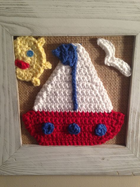 Crochet Seashell Applique, 4th Of July Crochet, Crochet Nautical, Crochet Boat, Nautical Crochet, Sensory Blocks, Finger Puppet Patterns, Crochet Applique Patterns Free, Stitch Crochet