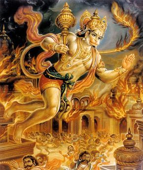 Hanuman burns Lanka with his tail on fire More Ramayana Story, Ram Hanuman, Hanuman Ji Wallpapers, Rama Image, Lord Rama Images, Hanuman Chalisa, Bhakti Yoga, Shri Hanuman, Hanuman Photos