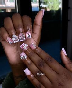 Short Nails With A Lot Of Charms, Pink Short Acrylic Nails Designs, Short Dramatic Nails, Cute Short Birthday Nails, Bling Short Nails, Short Duck Nails Acrylic, Junk Nails Short, Exotic Short Nails, Short Junk Nails