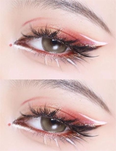 Cherry Blossom Makeup Look, Pink Grunge Makeup, Doujin Makeup, Red And White Makeup, Valentines Makeup Looks, Cherry Blossom Makeup, Teknik Makeup, Christmas Eye Makeup, Anime Eye Makeup