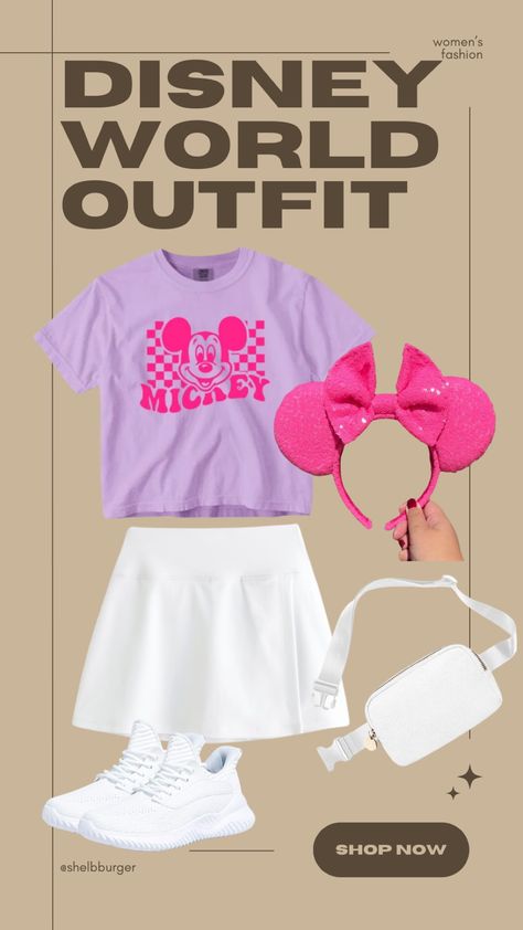 Disney World T Shirt Ideas, Hot Pink Disney Outfit, Athletic Disney Outfit, Disney Cruise Outfits, White Belt Bag, White Walking Shoes, Disneyland 2024, Disney Ootd, Disney Park Outfit