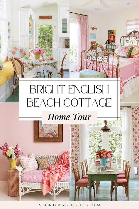 Bright English Beach Cottage Style In California - Home Tour English Beach Cottage, Colorful Beach Cottage, Beach Cottage Interiors, Bright Cottage, Girly Cottage, English Beach, English Cottage Interiors, Beach House Tour, Country Style Furniture