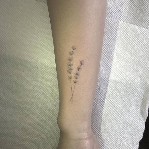 Lavender Twig Tattoo, Tattoo Lavender, Small Nature Tattoo, Ladybug Tattoo, Needle Tattoo, Lady Bug Tattoo, Lavender Tattoo, Single Needle Tattoo, Wildflower Tattoo